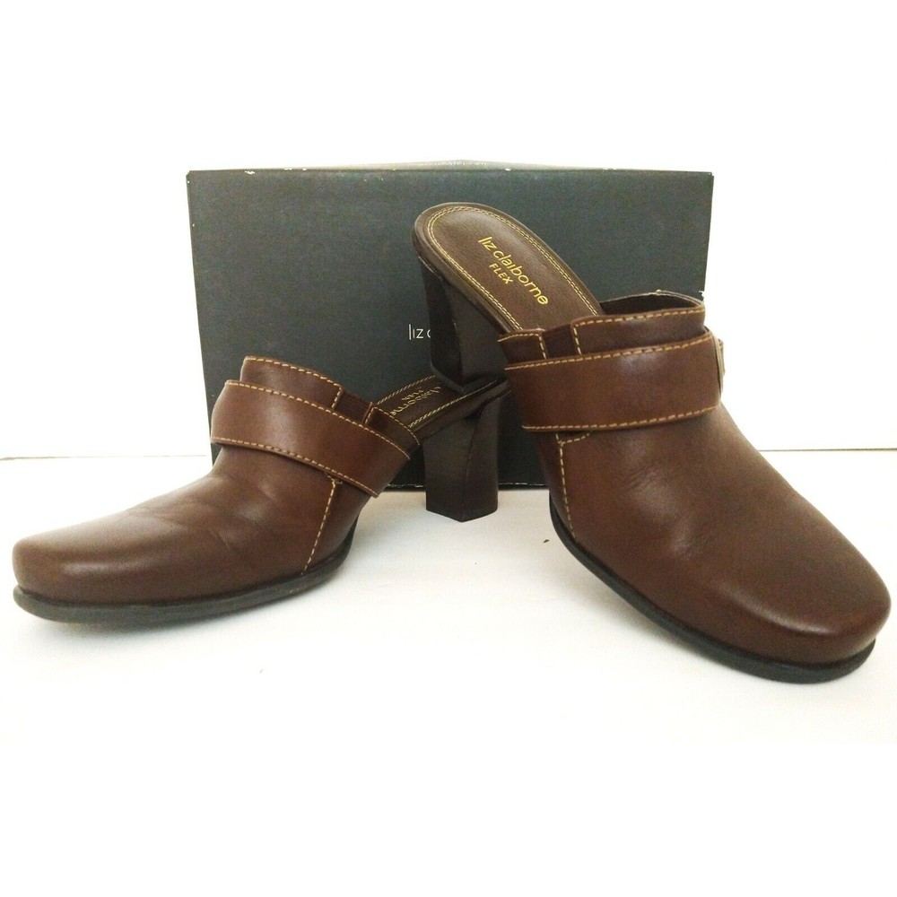 Liz Claiborne Flex Leather Slip On Mule Clog Dark Brown With Stitching NIB SZ 7